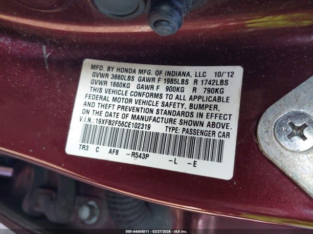 44484011 :رقم المزاد ، 19XFB2F56CE102319 vin ، 2012 Honda Civic Lx مزاد بيع