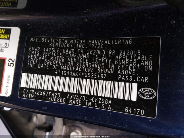 2021 TOYOTA CAMRY 4T1G11AK4MU535487 Photo 8