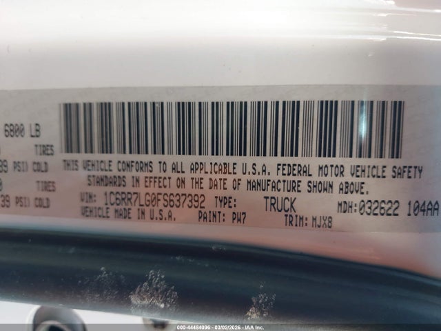 2015 Ram 1500 Outdoorsman მანქანა იყიდება აუქციონზე, vin: 1C6RR7LG0FS637392, აუქციონის ნომერი: 44484096