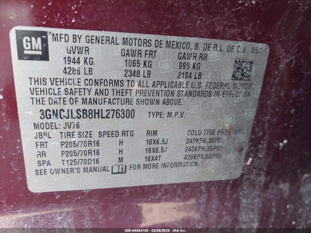 Aukcja sprzedaży 2017 Chevrolet Trax Lt, vin: 3GNCJLSB8HL276300, numer aukcji: 44484105