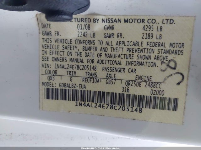 Aukcja sprzedaży 2008 Nissan Altima 2.5s, vin: 1N4AL24E78C205148, numer aukcji: 44484107