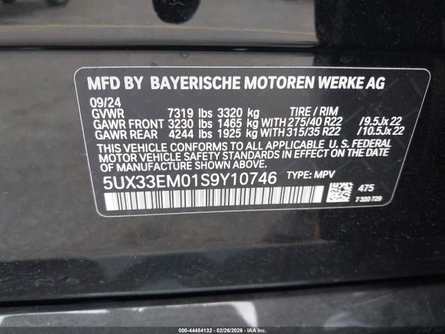 2025 Bmw X7 M60i მანქანა იყიდება აუქციონზე, vin: 5UX33EM01S9Y10746, აუქციონის ნომერი: 44484132