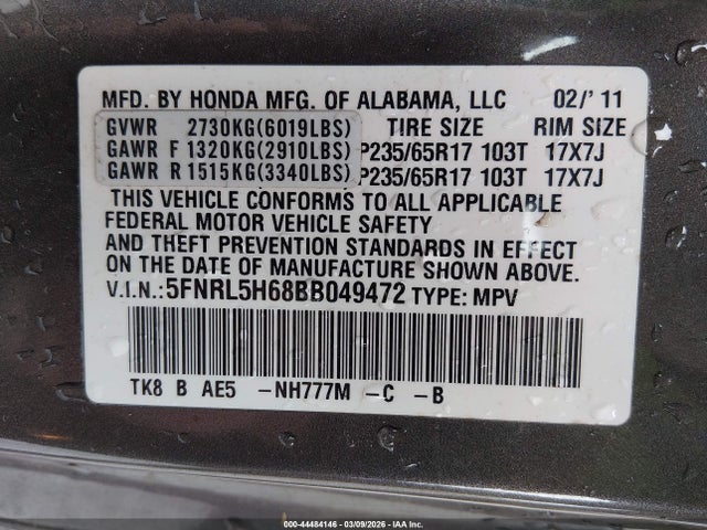 2011 HONDA ODYSSEY 5FNRL5H68BB049472 Photo 8