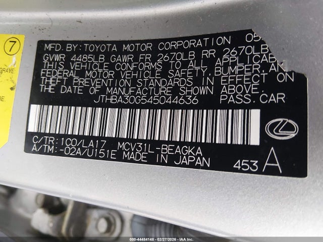 44484148 :رقم المزاد ، JTHBA30G545044636 vin ، 2004 Lexus Es 330 مزاد بيع