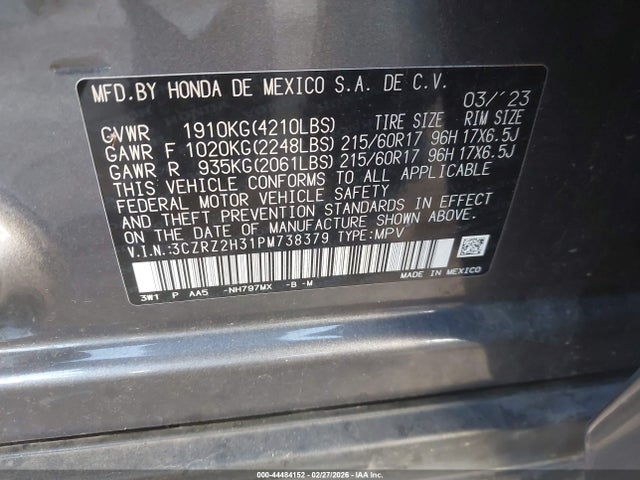 3CZRZ2H31PM738379 Honda Hr-v Awd Lx