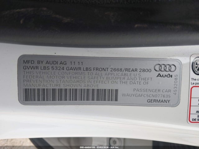 2012 Audi A7 Premium მანქანა იყიდება აუქციონზე, vin: WAUYGAFC5CN077635, აუქციონის ნომერი: 44484159