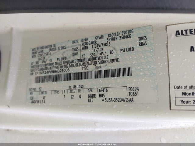 2006 Ford E-250 Commercial/recreational მანქანა იყიდება აუქციონზე, vin: 1FTNE24W96HB25008, აუქციონის ნომერი: 44484160