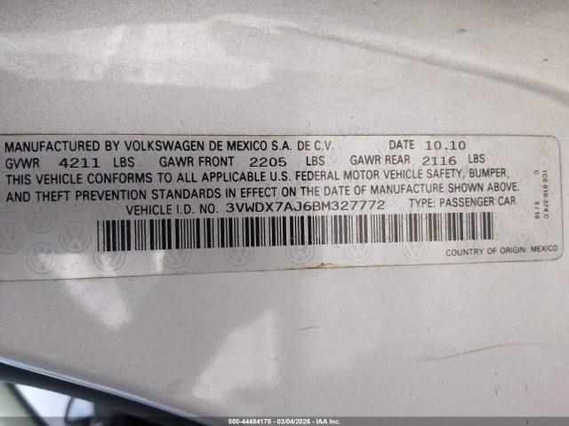 Продаж на аукціоні авто 2011 Volkswagen Jetta 2.5l Se, vin: 3VWDX7AJ6BM327772, номер лоту: 44484178
