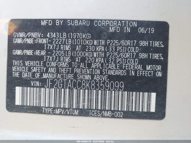 Продажа на аукционе авто 2019 Subaru Crosstrek 2.0i Premium, vin: JF2GTACC8K8359099, номер лота: 44484179