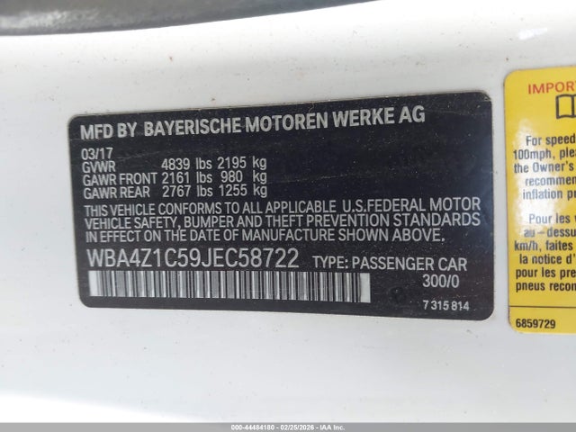 44484180 :رقم المزاد ، WBA4Z1C59JEC58722 vin ، 2018 Bmw 430i مزاد بيع