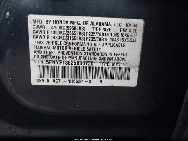 2005 Honda Pilot Ex-l მანქანა იყიდება აუქციონზე, vin: 5FNYF18625B007301, აუქციონის ნომერი: 44484182