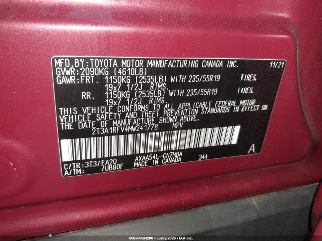 2021 Toyota Rav4 Xle Premium მანქანა იყიდება აუქციონზე, vin: 2T3A1RFV4MW241778, აუქციონის ნომერი: 44484200