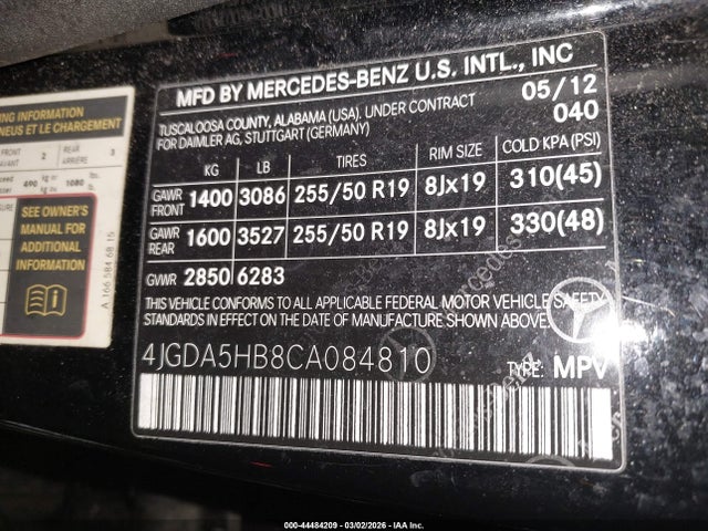 Продаж на аукціоні авто 2012 Mercedes-benz Ml 350 4matic, vin: 4JGDA5HB8CA084810, номер лоту: 44484209