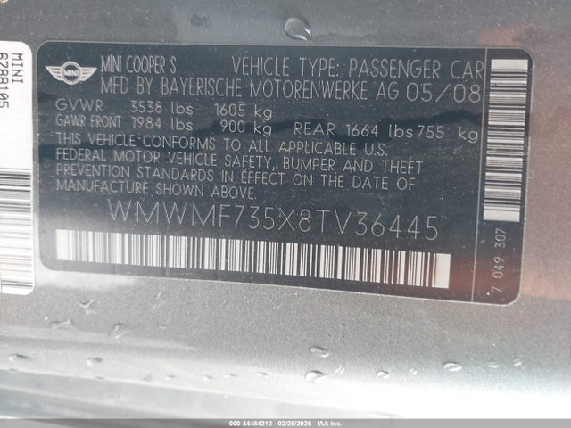 2008 MINI COOPER S WMWMF735X8TV36445 Photo 8