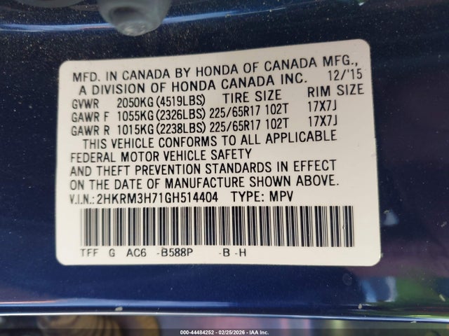 44484252 :رقم المزاد ، 2HKRM3H71GH514404 vin ، 2016 Honda Cr-v Ex-l مزاد بيع