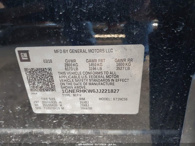 2018 Chevrolet Traverse 3lt მანქანა იყიდება აუქციონზე, vin: 1GNERHKW6JJ221827, აუქციონის ნომერი: 44484255
