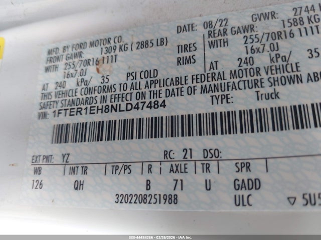 2022 FORD RANGER 1FTER1EH8NLD47484 Photo 8