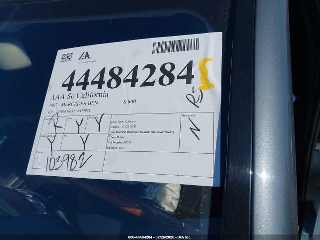 Продажа на аукционе авто 2007 Mercedes-benz S 600, vin: WDDNG76X57A114021, номер лота: 44484284