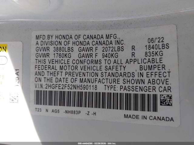 2HGFE2F52NH590118 Honda Civic Sport