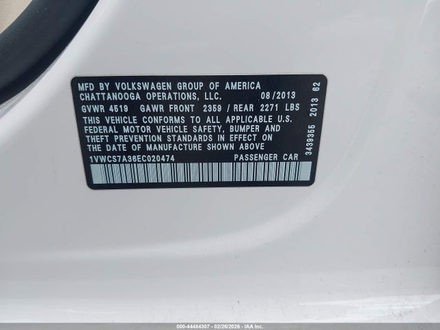 2014 Volkswagen Passat 1.8t Sel Premium მანქანა იყიდება აუქციონზე, vin: 1VWCS7A36EC020474, აუქციონის ნომერი: 44484307