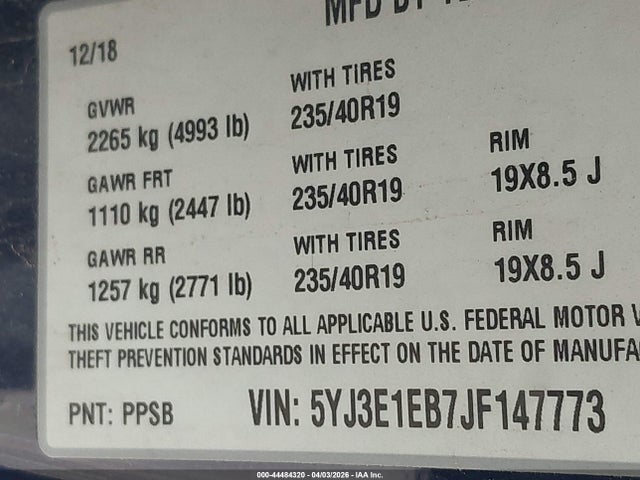 Продажа на аукционе авто 2018 Tesla Model 3 Long Range/performance, vin: 5YJ3E1EB7JF147773, номер лота: 44484320