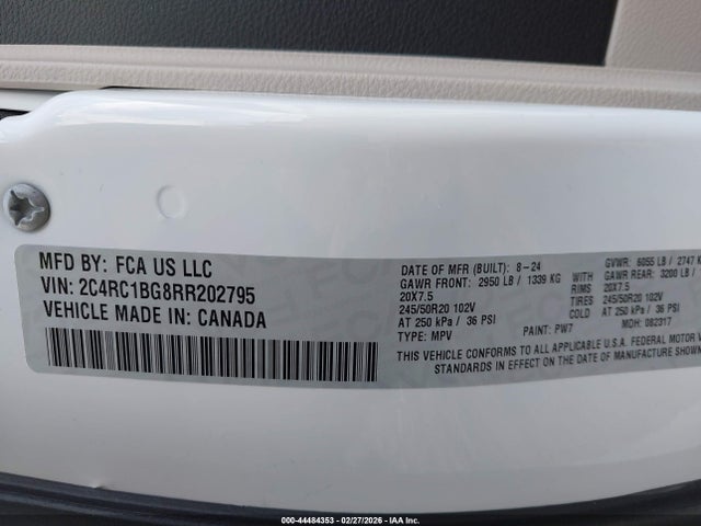 44484353 :رقم المزاد ، 2C4RC1BG8RR202795 vin ، 2024 Chrysler Pacifica Touring L مزاد بيع