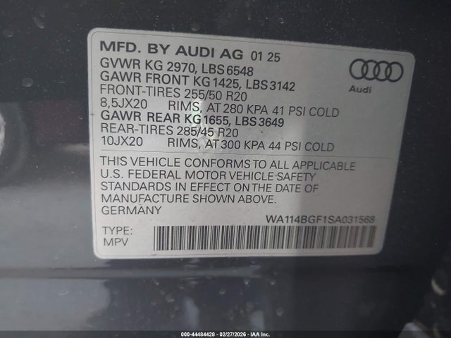 Aukcja sprzedaży 2025 Audi Q6 E-tron Premium Quattro, vin: WA114BGF1SA031568, numer aukcji: 44484428