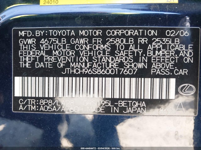 Aukcja sprzedaży 2006 Lexus Gs 300, vin: JTHCH96S860017607, numer aukcji: 44484472