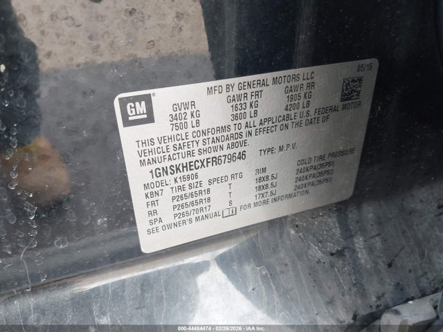 Chevrolet Suburban 1500 Ls 2015 1GNSKHECXFR679646 Image 9