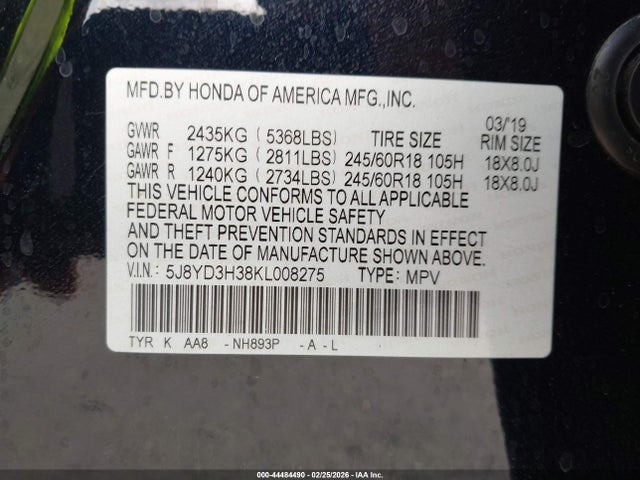 44484490 :رقم المزاد ، 5J8YD3H38KL008275 vin ، 2019 Acura Mdx Standard مزاد بيع