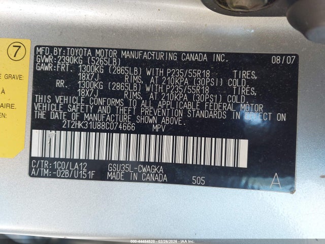 44484520 :رقم المزاد ، 2T2HK31U88C074666 vin ، 2008 Lexus Rx 350 مزاد بيع