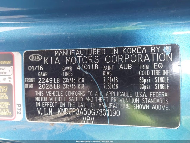 44484558 :رقم المزاد ، KNDJP3A50G7331190 vin ، 2016 Kia Soul + مزاد بيع