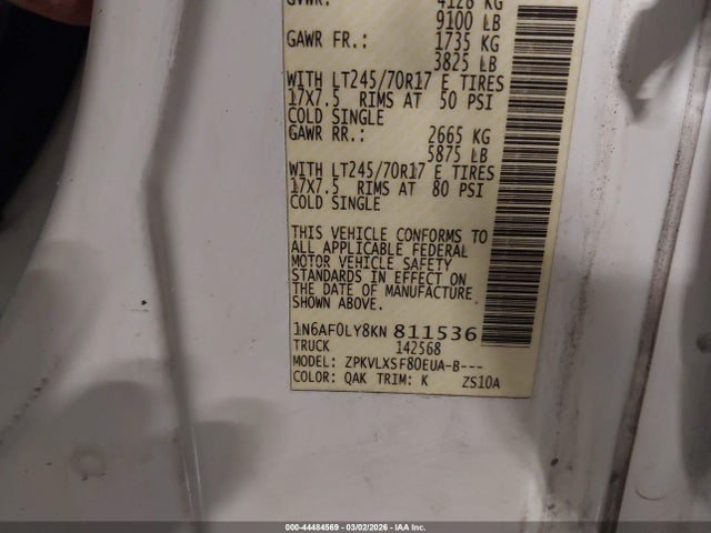 Aukcja sprzedaży 2019 Nissan Nv Cargo Nv2500 Hd Sv V8, vin: 1N6AF0LY8KN811536, numer aukcji: 44484569