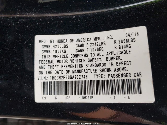1HGCR2F30GA202746 Honda ACCORD LX