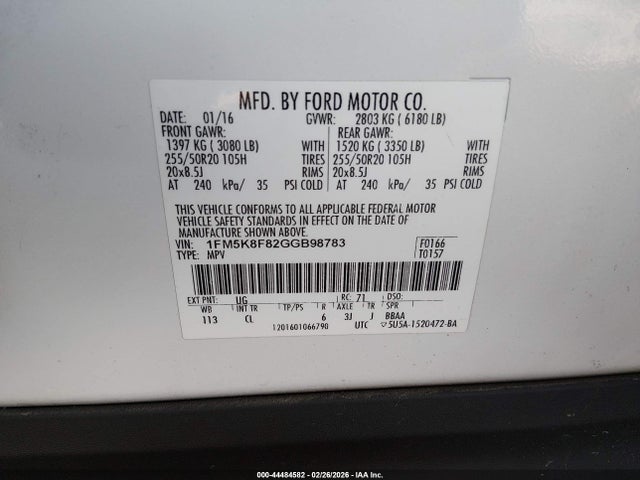 Ford Explorer Limited 2016 1FM5K8F82GGB98783 Image 9