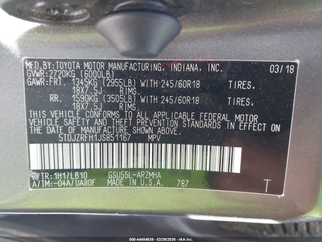 5TDJZRFH1JS851167 Toyota Highlander Xle