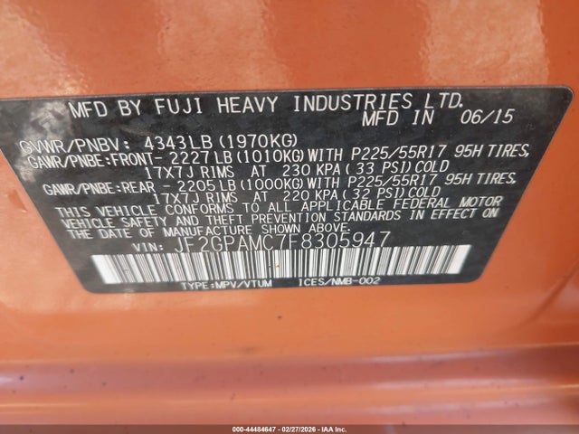 44484647 :رقم المزاد ، JF2GPAMC7F8305947 vin ، 2015 Subaru Xv Crosstrek 2.0i Limited مزاد بيع