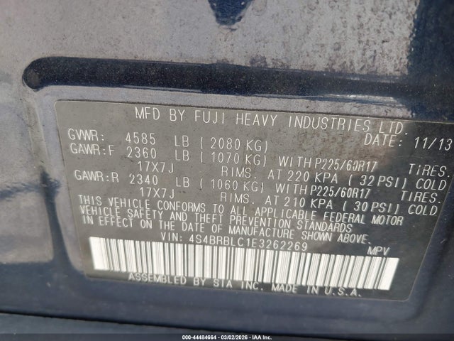 2014 Subaru Outback 2.5i Limited მანქანა იყიდება აუქციონზე, vin: 4S4BRBLC1E3262269, აუქციონის ნომერი: 44484664