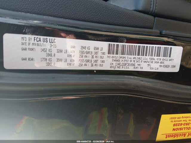 44484720 :رقم المزاد ، 1C4RDJDG8FC810346 vin ، 2015 Dodge Durango Limited مزاد بيع