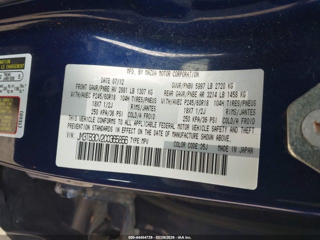 Aukcja sprzedaży 2012 Mazda Cx-9 Touring, vin: JM3TB3CV2C0365856, numer aukcji: 44484729