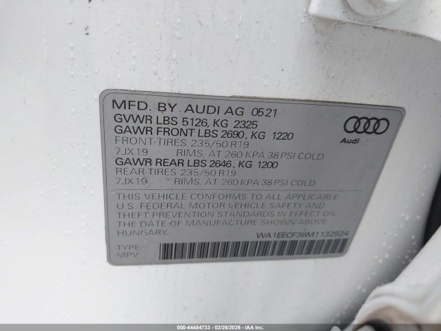 44484733 :رقم المزاد ، WA1EECF36M1132524 vin ، 2021 Audi Q3 Premium Plus 45 Tfsi S Line Quattro Tiptronic مزاد بيع