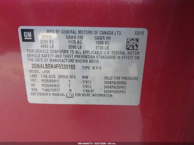 Chevrolet EQUINOX 1LT 2015 2GNALBEK4F6330183 Image 9