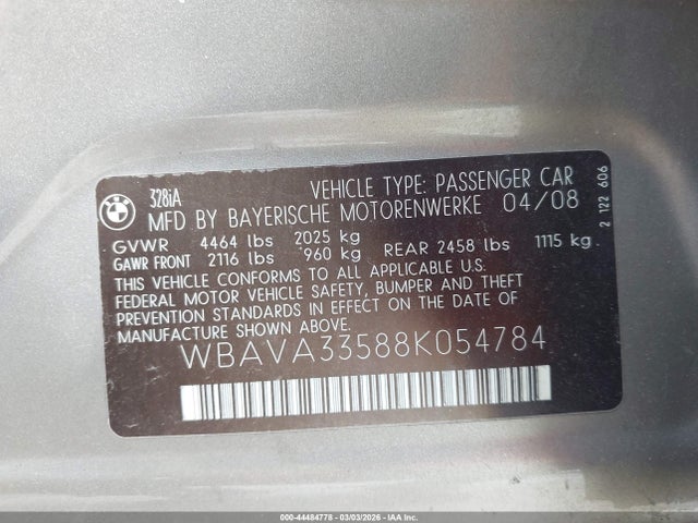Aukcja sprzedaży 2008 Bmw 328i, vin: WBAVA33588K054784, numer aukcji: 44484778