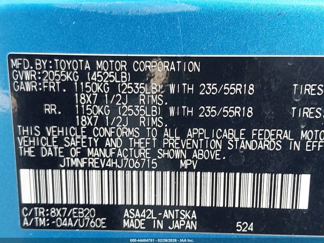 JTMNFREV4HJ706715 Toyota RAV4 SE
