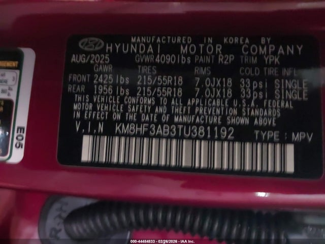 2026 Hyundai Kona Sel Sport მანქანა იყიდება აუქციონზე, vin: KM8HF3AB3TU381192, აუქციონის ნომერი: 44484833