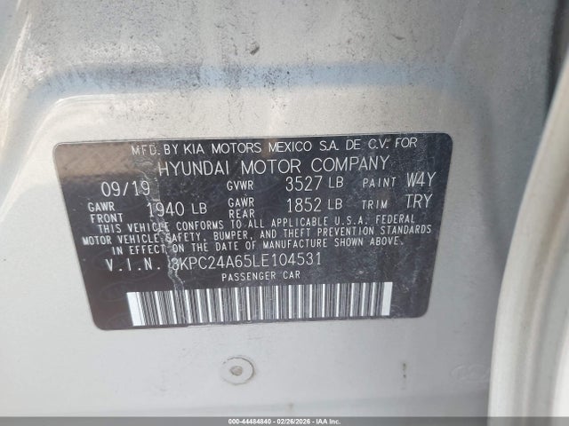 44484840 :رقم المزاد ، 3KPC24A65LE104531 vin ، 2020 Hyundai Accent Se مزاد بيع