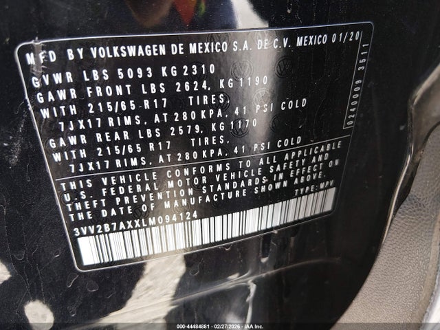 Aukcja sprzedaży 2020 Volkswagen Tiguan 2.0t Se/2.0t Se R-line Black/2.0t Sel, vin: 3VV2B7AXXLM094124, numer aukcji: 44484881