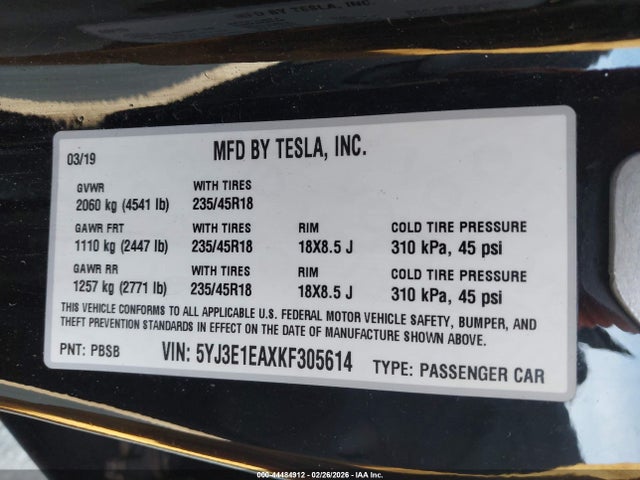 44484912 :رقم المزاد ، 5YJ3E1EAXKF305614 vin ، 2019 Tesla Model 3 Long Range/mid Range/standard Range/standard Range Plus مزاد بيع