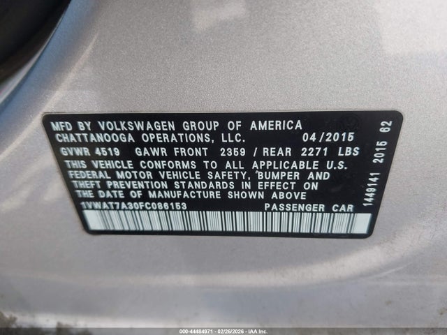 Продаж на аукціоні авто 2015 Volkswagen Passat 1.8t Limited Edition, vin: 1VWAT7A30FC086153, номер лоту: 44484971