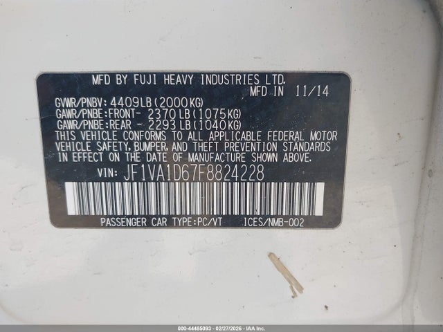 2015 Subaru Wrx Premium მანქანა იყიდება აუქციონზე, vin: JF1VA1D67F8824228, აუქციონის ნომერი: 44485093